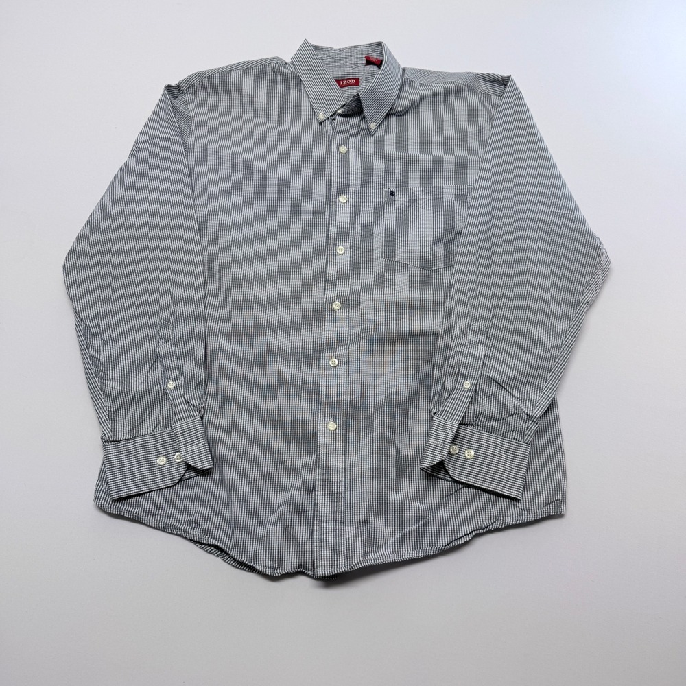 IZOD Luxury Sport Mens Large Navy Blue White Micro Check Button Down Shirt